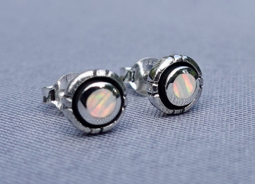 Cute Round White Opal 925 Sterling Silver Studs, OPS3WOP