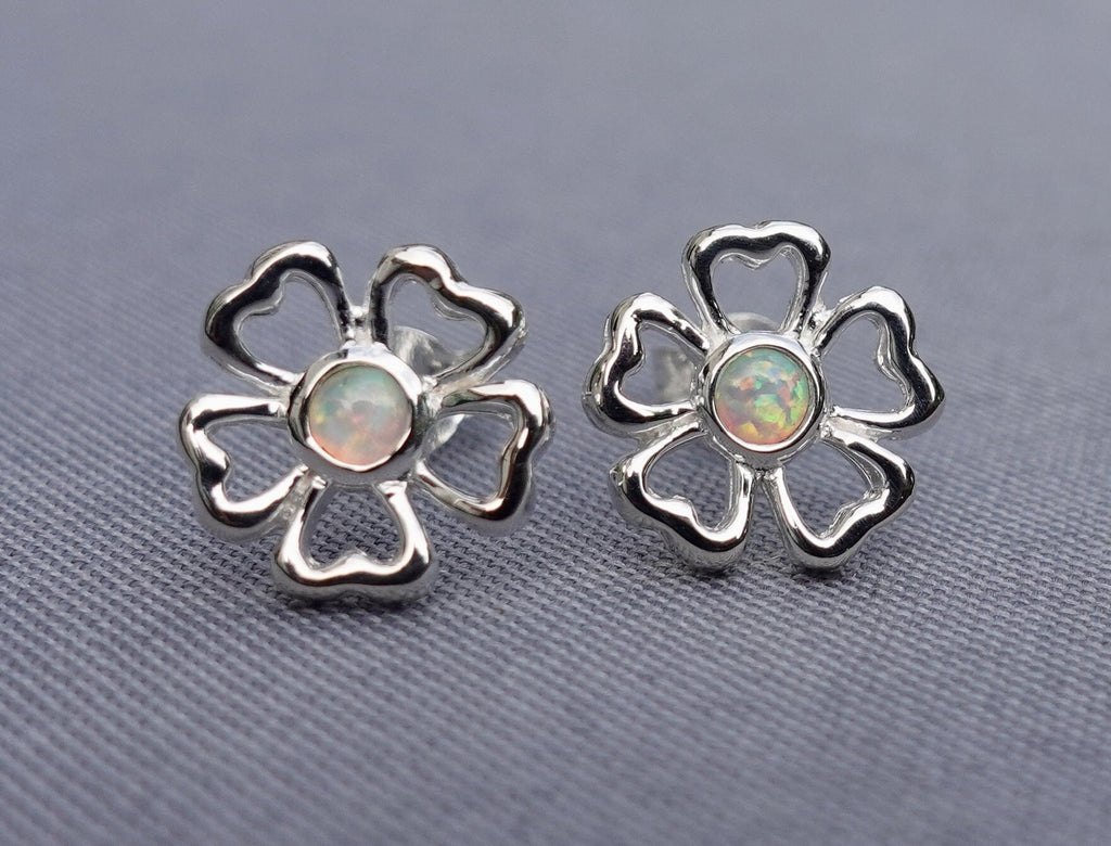 White Opal Studs, Sterling Silver Opalique Flower Earrings, White Opal Earrings, Lab Created Opal, October Birthstone, Mistry Gems, S772WOP