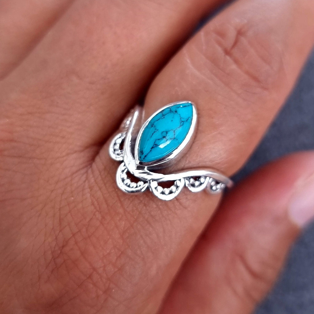 Unique Boho Turquoise Ring, 925 Sterling Silver Crown Ring, December Birthstone, 11th Anniversary Gift, Unusual Thumb Ring, Mistry Gems, R6T