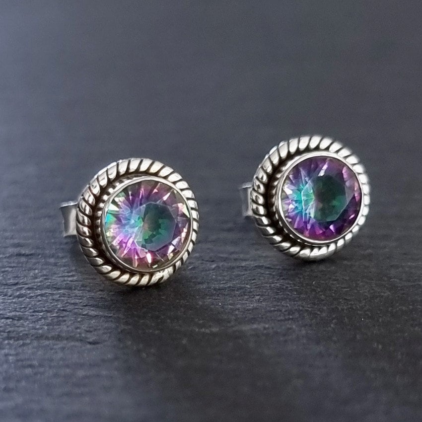 Boho Round Mystic Topaz Stud Earrings, 925 Sterling Silver, MYSS2