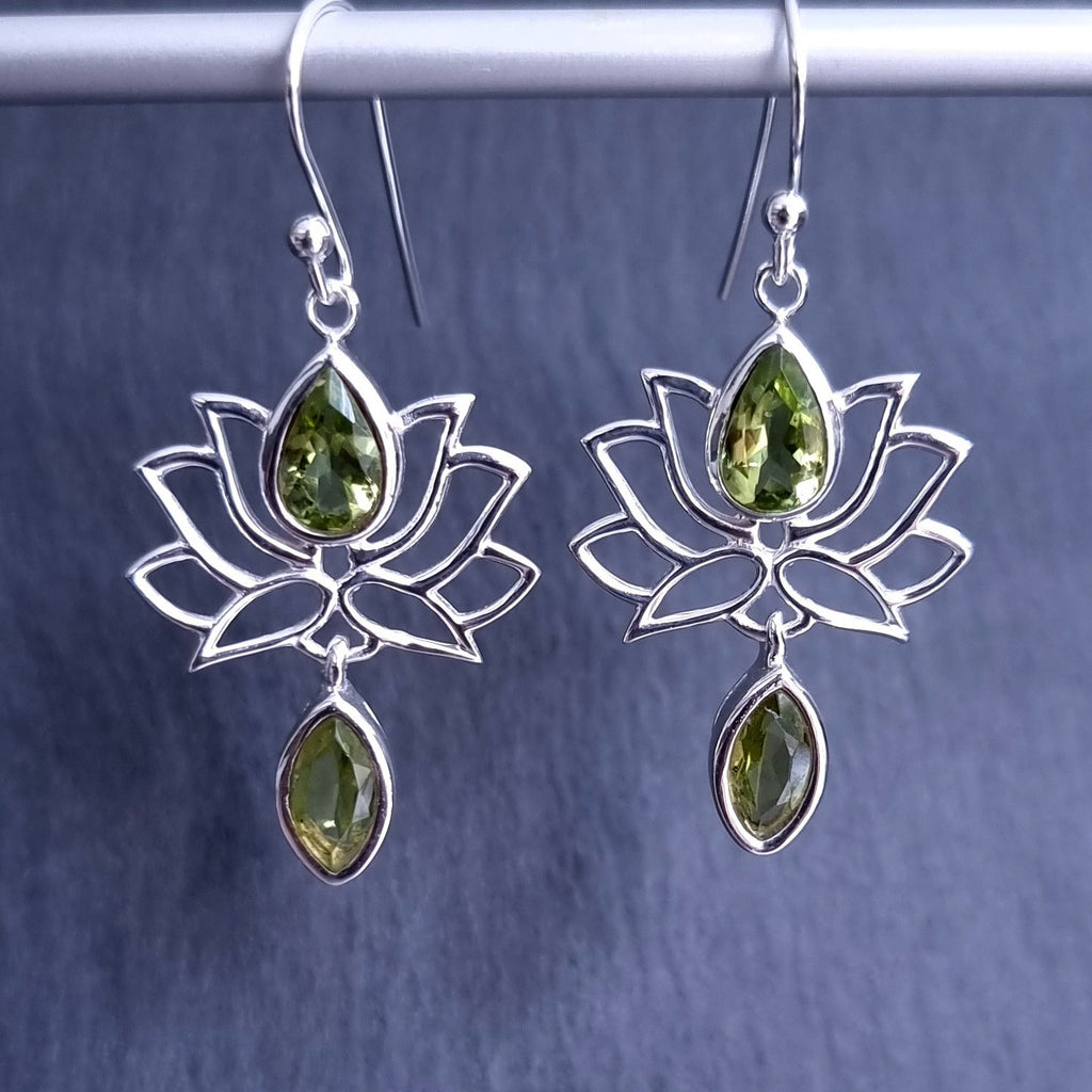 Facetted Peridot Lotus Flower Dangle Earrings, 925 Sterling Silver, E64PF