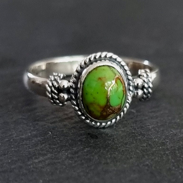 Small Oval Boho Green Copper Turquoise Ring, 925 Sterling Silver, December Birthstone, 11th Anniversary, Solitaire Ring, Mistry Gems, R5GCT