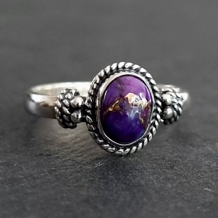 Boho Oval Purple Copper Turquoise Ring, 925 Sterling Silver, December Birthstone, Purple Gemstone Solitaire Ring, Mistry Gems, R5PCT