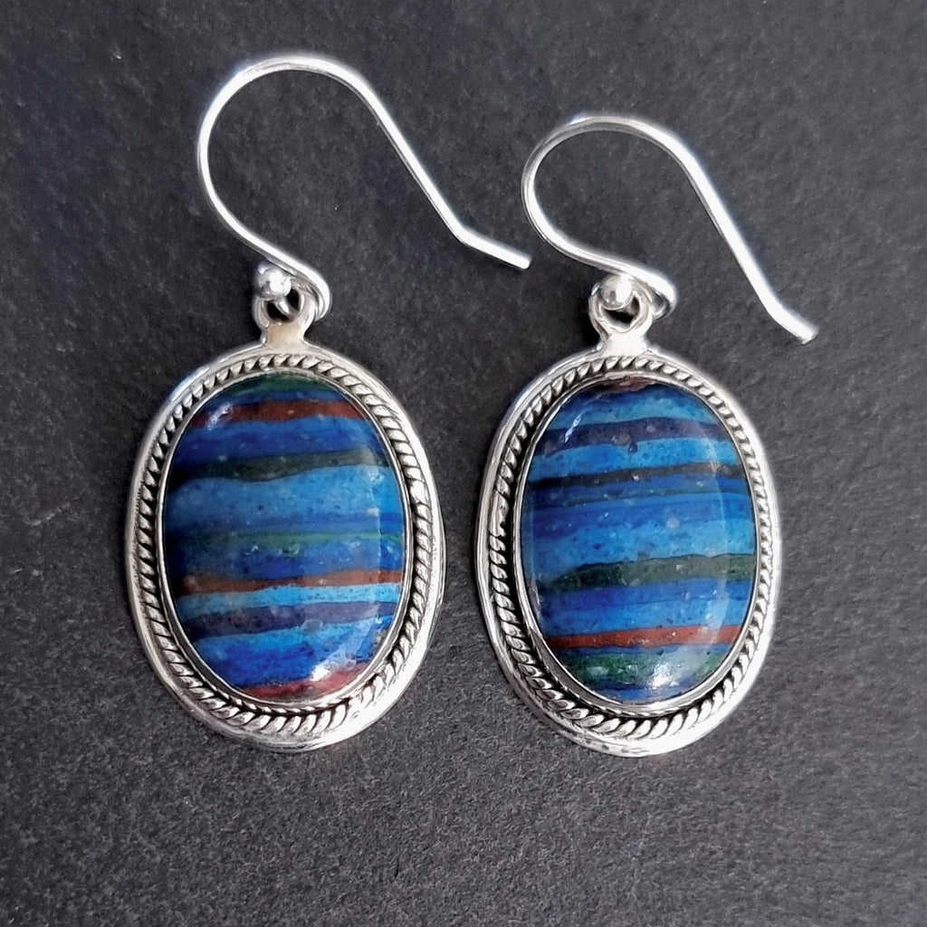 Boho Rainbow Calsilica Earrings, Large Oval Stone 17mmx 13mm, 925 Sterling Silver, Mexican Horizontal Stripe Gemstone, Mistry Gems, RCE1