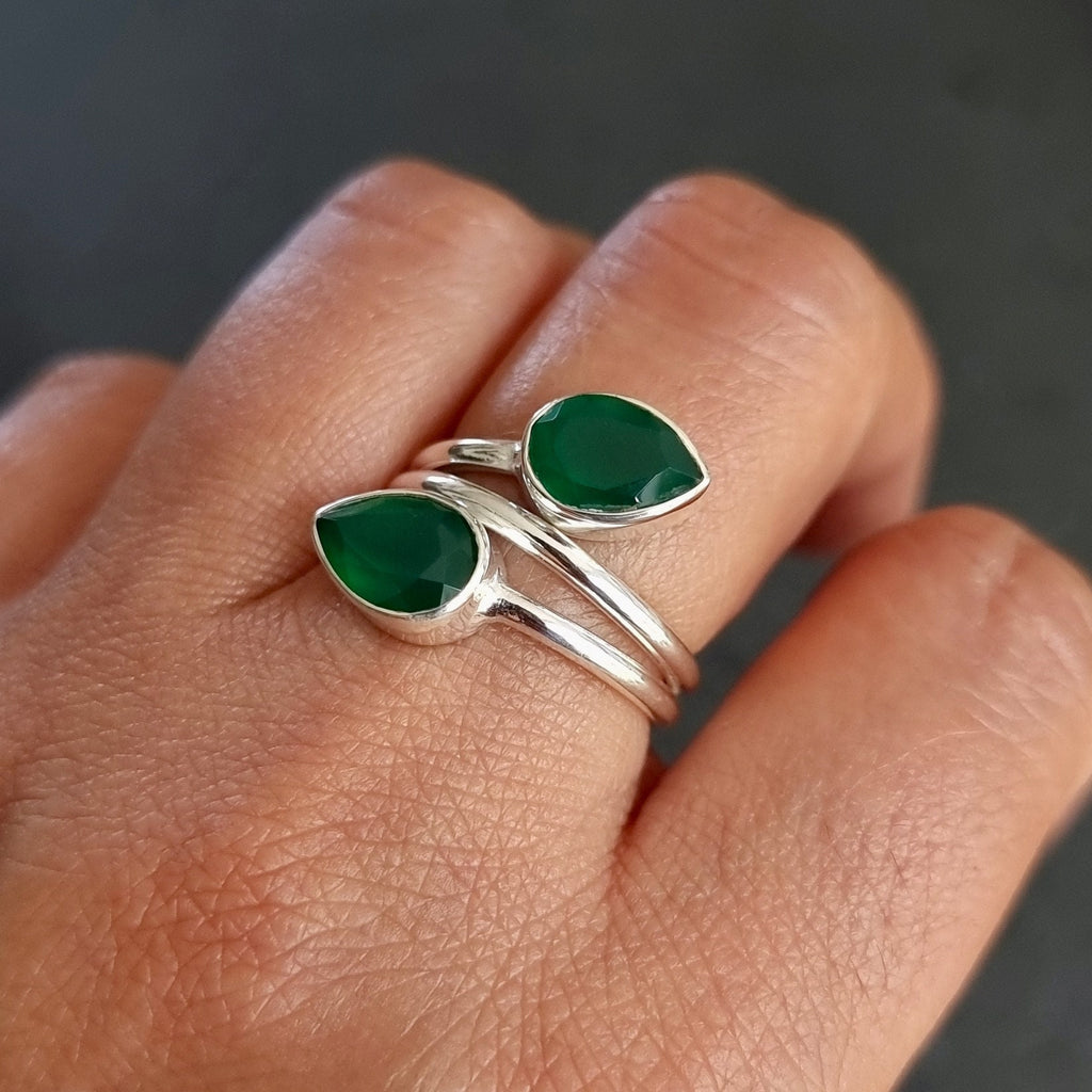 Facetted Green Onyx Sterling Silver Wrap Ring, Two Stone Teardrop Multistone, Snake Ring, 7th Anniversary Gift, Mistry Gems, R35GO