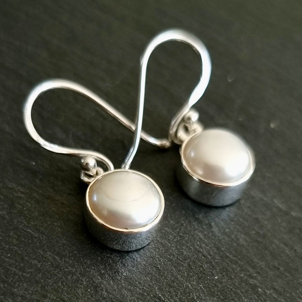 Classic Round 8mm White Pearl Dangle Earrings, 925 Sterling Silver, E13PL