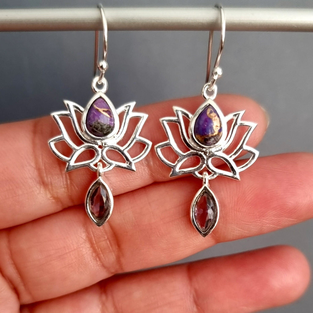 Purple Copper Turquoise with Amethyst Lotus Flower Dangle Earrings, 925 Sterling Silver, E64PCTA