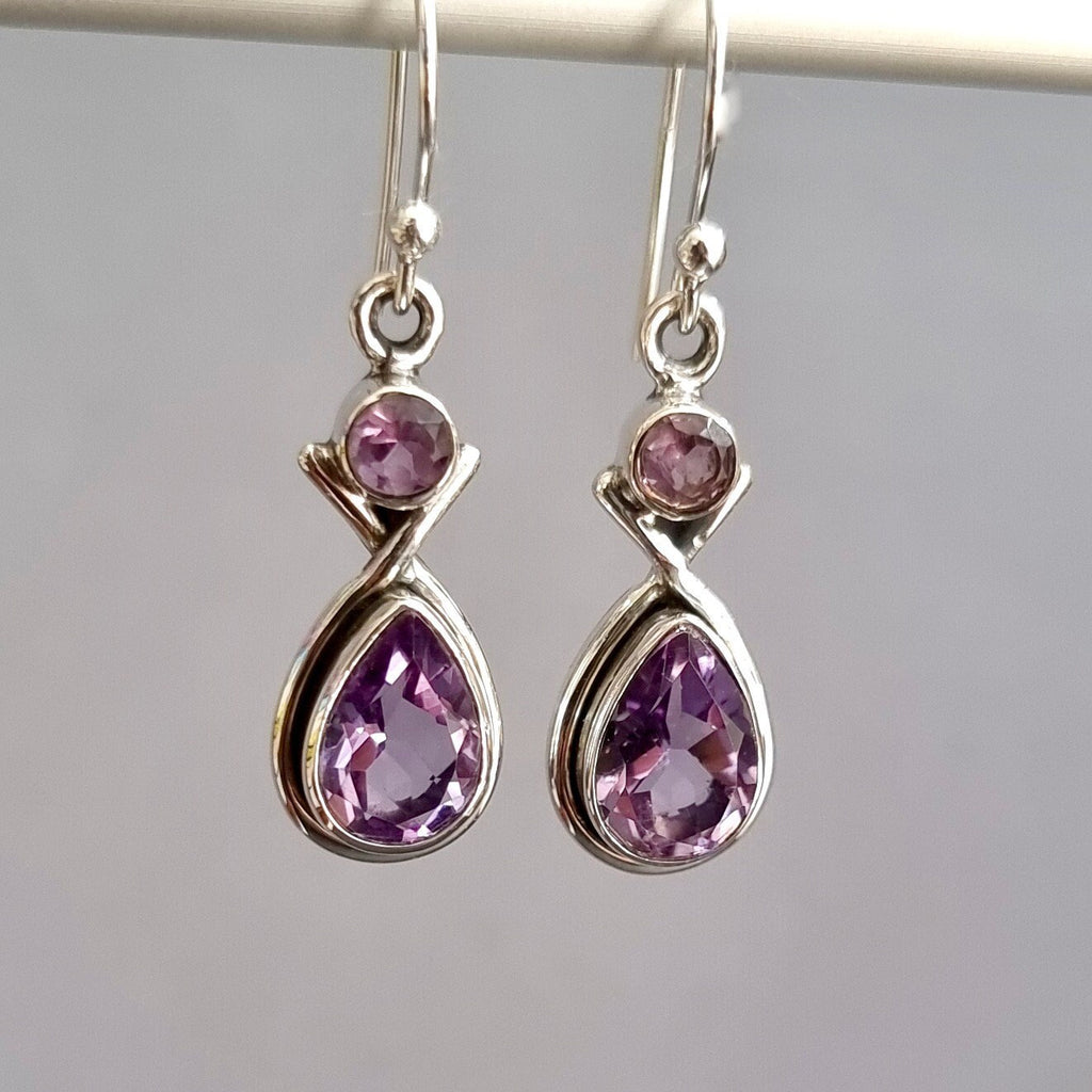 Facetted Amethyst Multistone Teardrop Sterling Silver Earrings, E1AF