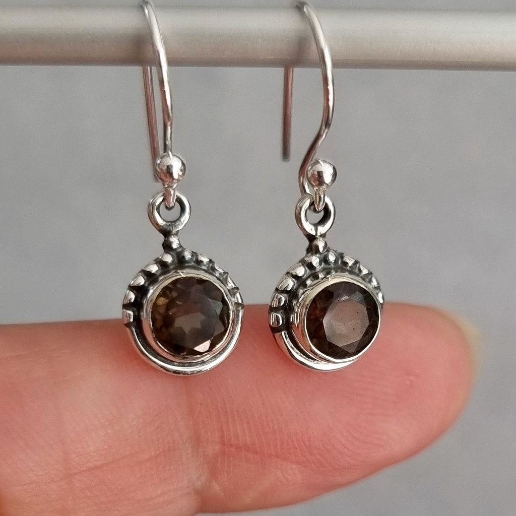 Dainty Boho Round 6mm Smoky Quartz 925 Silver Earrings, E91SQ