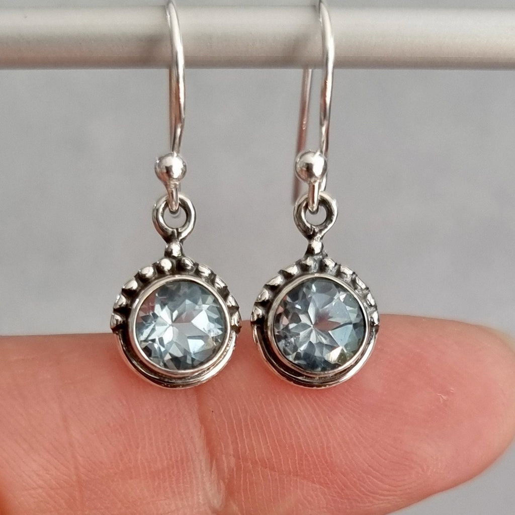 Dainty Boho Round 6mm Blue Topaz 925 Sterling Silver Earrings, E91BT