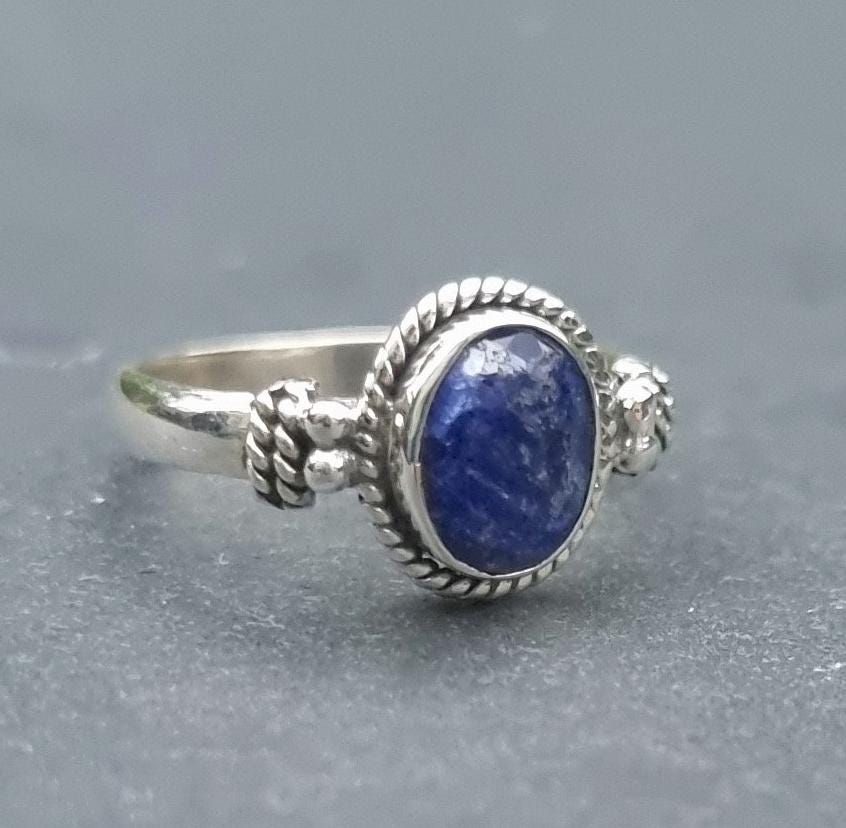 Boho Small Oval Sapphire Ring, 925 Sterling Silver, September Birthstone, 5th Anniversary, Navy Gemstone Solitaire Ring, Mistry Gems,R5S