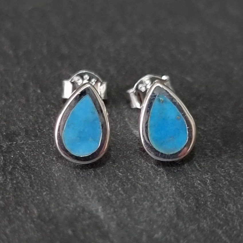 Elegant Teardrop Blue Turquoise 925 Sterling Silver Studs, S13