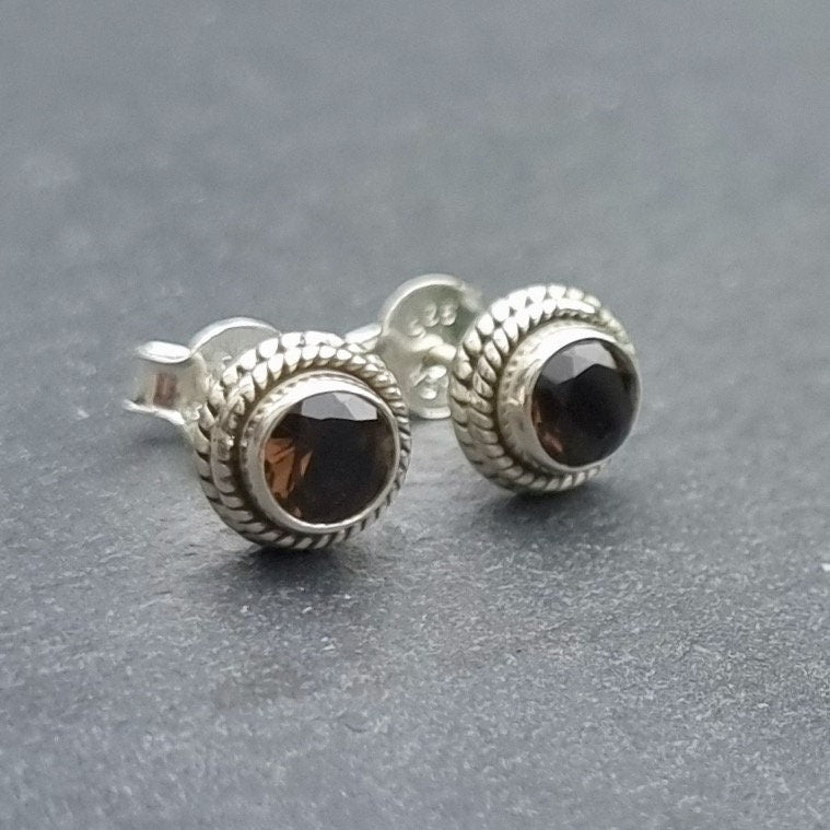 Boho Small Round Smoky Quartz 925 Sterling Silver Studs, S7SQ