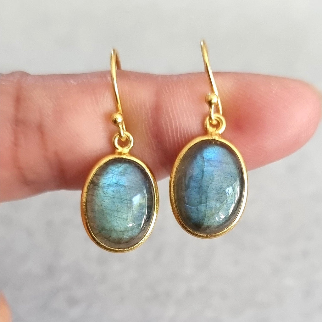 Modern Gold Plated Oval Labradorite Earrings, 925 Sterling Silver, Bezel Set Stone Size 14mm x 10mm, Mistry Gems, E93LAB