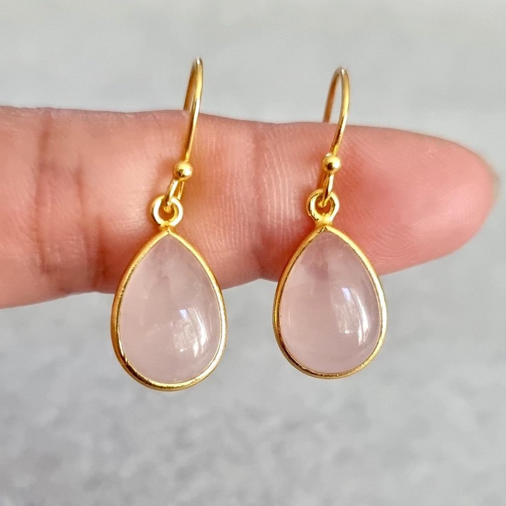 Large Gold Plated Rose Quartz Earrings, 925 Sterling Silver, Teardrop Stone Size 14mm x 10mm, Pale Pink Bridal Jewellery, Mistry Gems, E94RQ