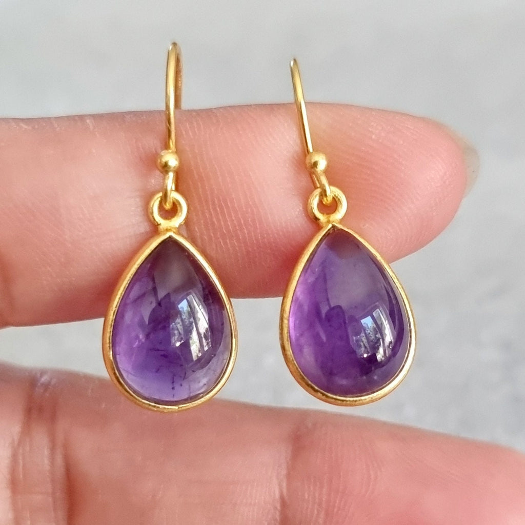 Large Gold Plated Bezel Amethyst Earrings, 925 Sterling Silver, Teardrop Stone Size 14mm x 10mm, February Birthstone, Mistry Gems, E94A