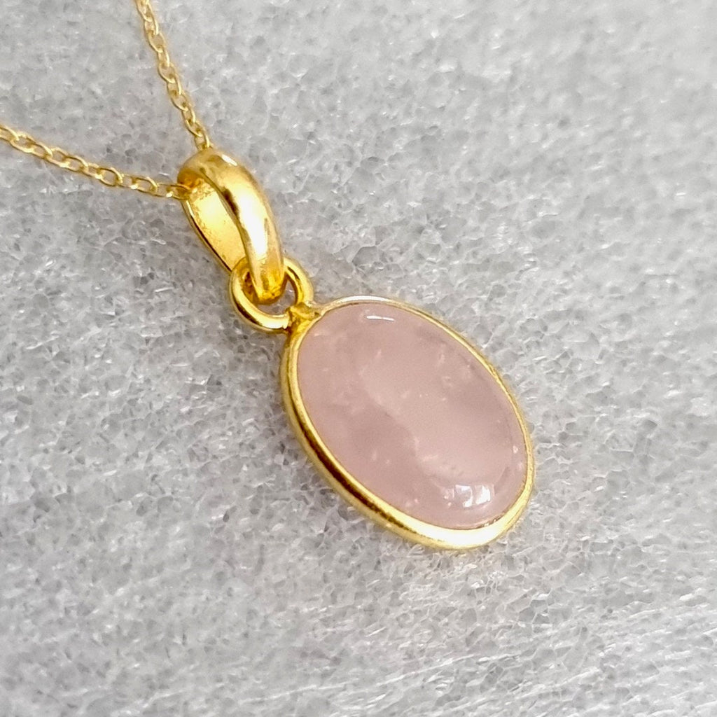 Small Gold Plated Rose Quartz Pendant, 925 Sterling Silver, Bezel Set Oval Stone Size 14mm x 10mm, Bridesmaids Jewellery, Mistry Gems, P8RQ