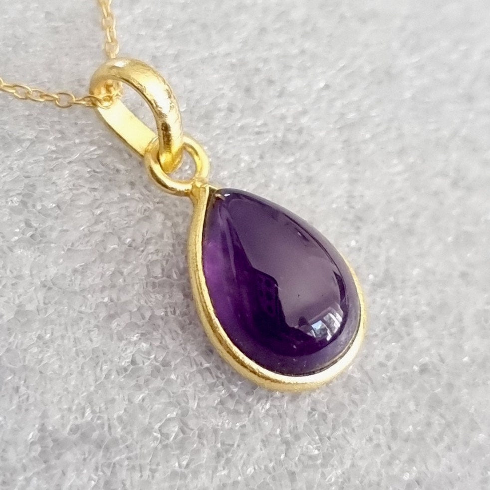 Dainty Gold Plated Amethyst Pendant, 925 Sterling Silver, Bezel Set Teardrop Stone Size 14mm x 10mm, February Birthstone, Mistry Gems, P9A