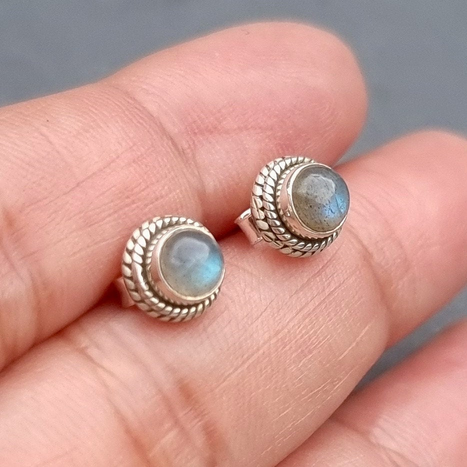 Boho Small Round Labradorite 925 Silver Studs, S7LAB