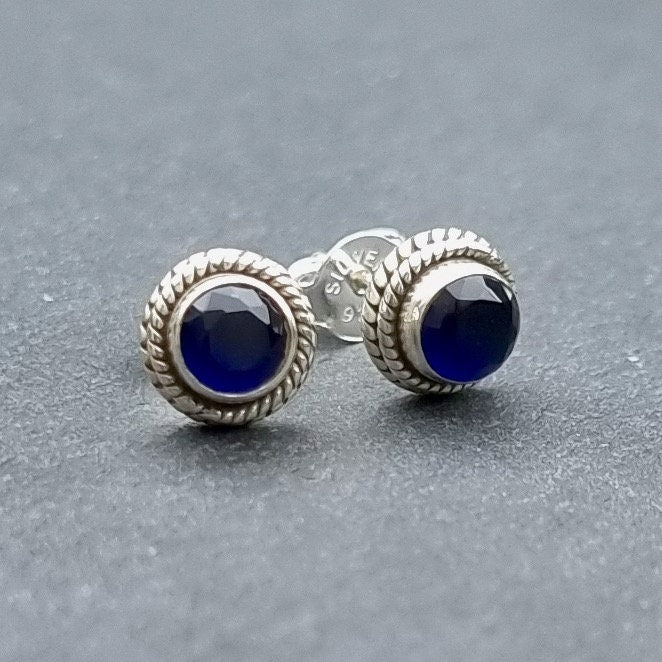 Boho Small Round Sapphire 925 Sterling Silver Studs, S7S