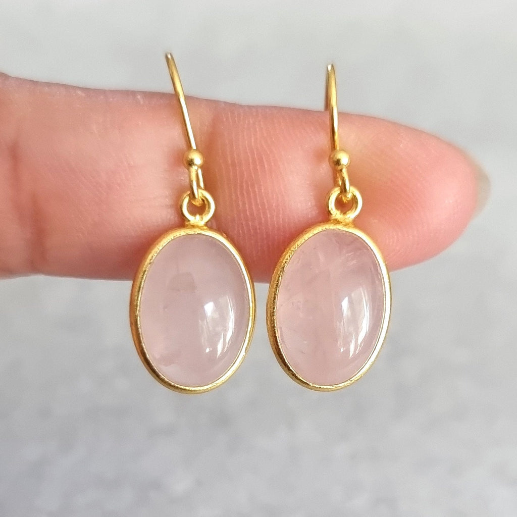 Large Oval Gold Plated Rose Quartz Earrings, 925 Sterling Silver, Stone Size 14mm x 10mm, Pale Pink Bridal Jewellery, Mistry Gems, E93RQ