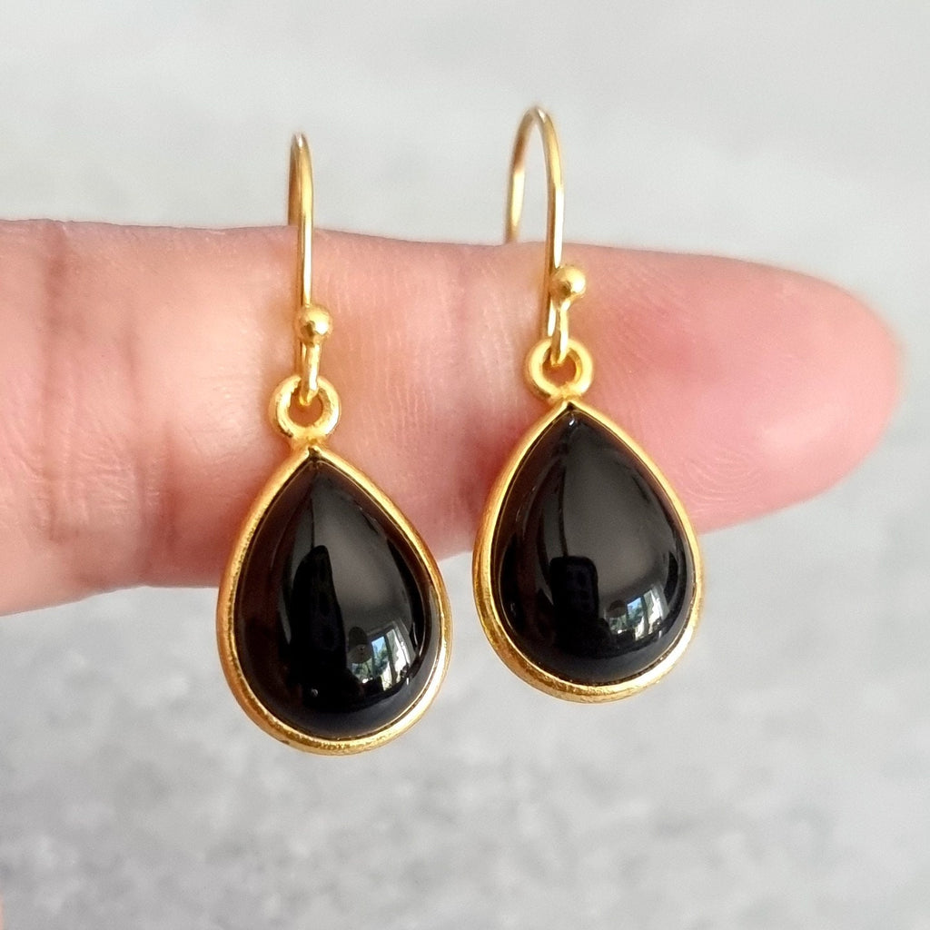 Modern Gold Plated Teardrop Black Onyx Earrings, 925 Sterling Silver, Cabochon Stone Size 14mmx 10mm, 7th Anniversary, Mistry Gems, E94O