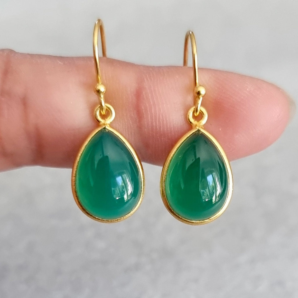 Modern Gold Plated Green Onyx Earrings, 925 Sterling Silver, Cabochon Teardrop Stone Size 14mmx 10mm, 7th Anniversary, Mistry Gems, E94GO