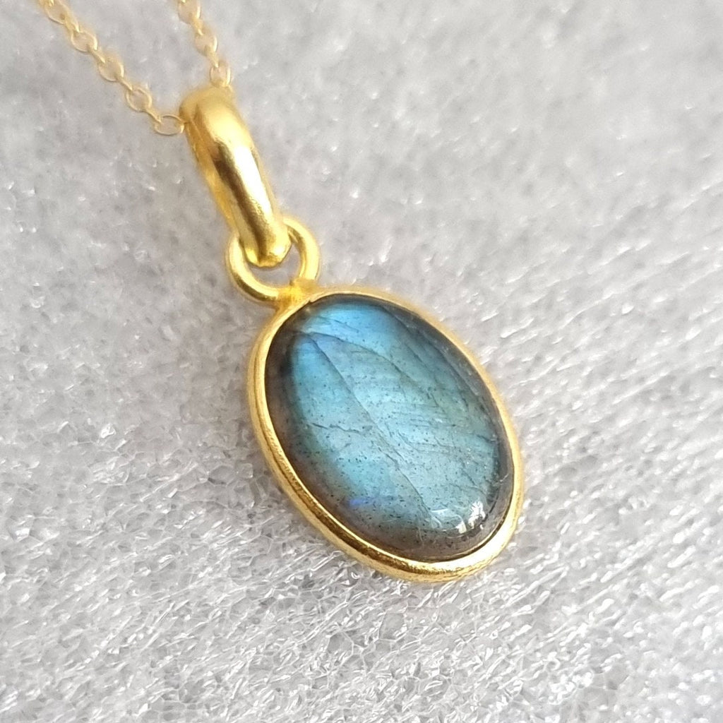 Unisex Gold Plated Oval Labradorite Pendant, 925 Sterling Silver, Bezel Set Stone Size 14mm x 10mm, Gold Stone Necklace, Mistry Gems, P8LAB