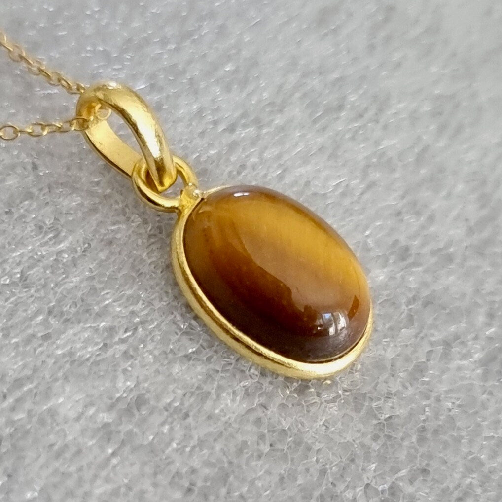 Unisex Gold Plated Tigers Eye Pendant, 925 Sterling Silver, Bezel Set Oval Stone Size 14mm x 10mm, Stone of Protection, Mistry Gems, P8TE