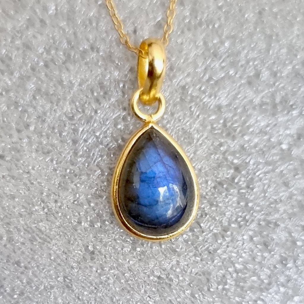 Unisex Gold Plated Blue Labradorite Pendant, 925 Sterling Silver, Bezel Set Teardrop Stone Size 14mm x 10mm, Mistry Gems, P9LAB