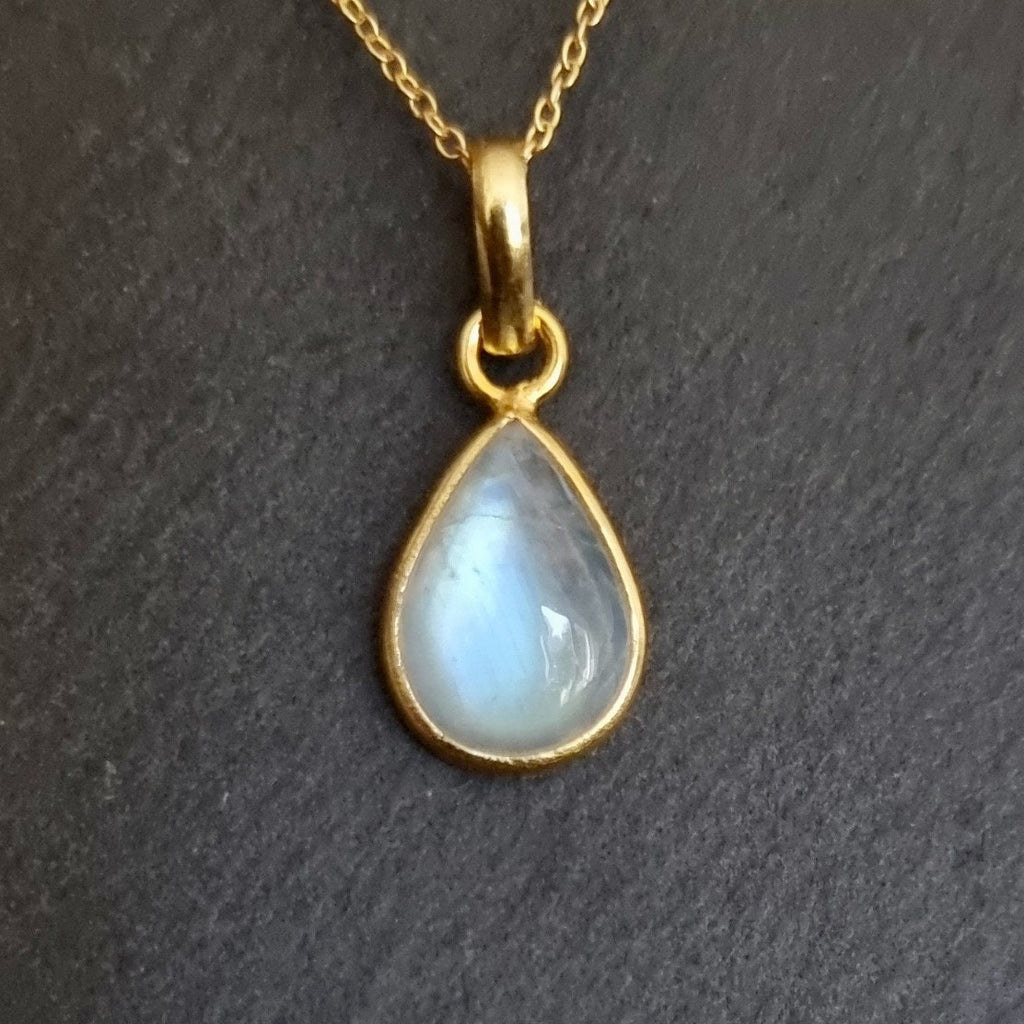 Dainty Gold Plated Moonstone Pendant, 925 Sterling Silver, Bezel Set Teardrop Stone Size 14mm x 10mm, June Birthstone, Mistry Gems, P9M