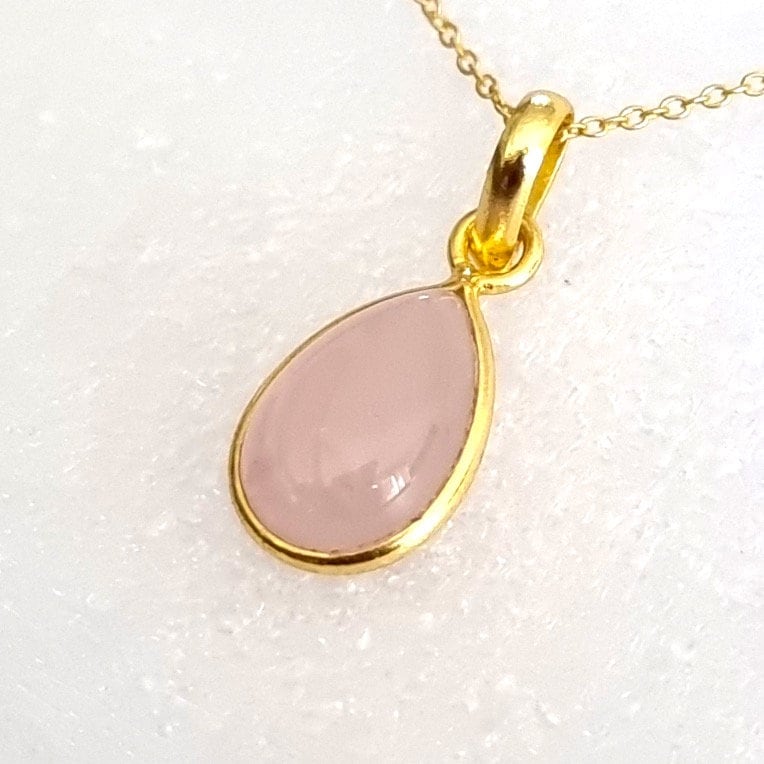 Small Gold Plated Rose Quartz Pendant, 925 Sterling Silver, Bezel Set Teardrop Stone Size 14mm x 10mm, Bridesmaids Jewelry, Mistry Gems,P9RQ