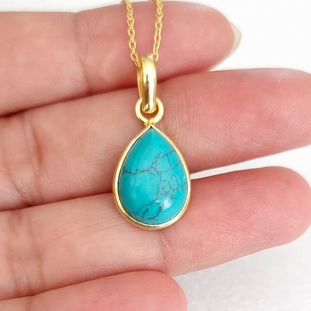 Dainty Gold Plated Turquoise Pendant, 925 Sterling Silver, Bezel Set Teardrop Stone Size 14mm x 10mm, December Birthstone, Mistry Gems, P9T