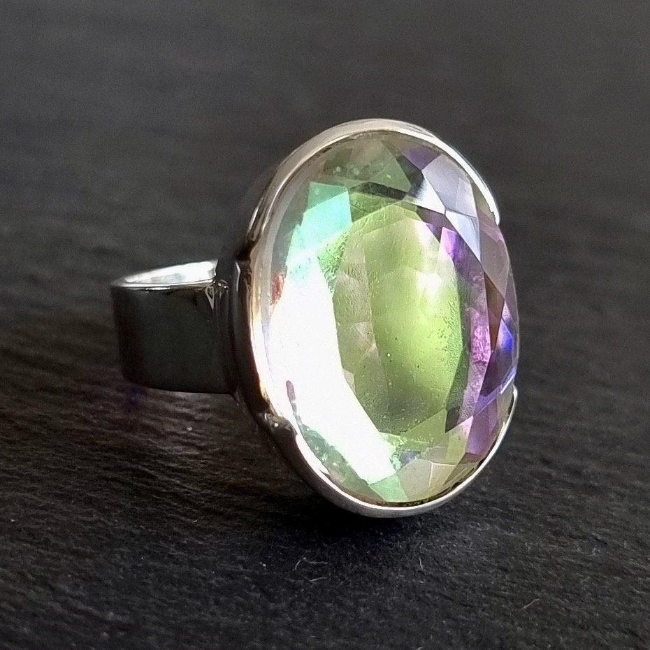 Designer Mystic Mercury Mist Topaz Ring, 925 Sterling Silver, Oval Cut Stone 21mm x 15mm, Rainbow Gemstone Solitaire Ring, Mistry Gems, R139