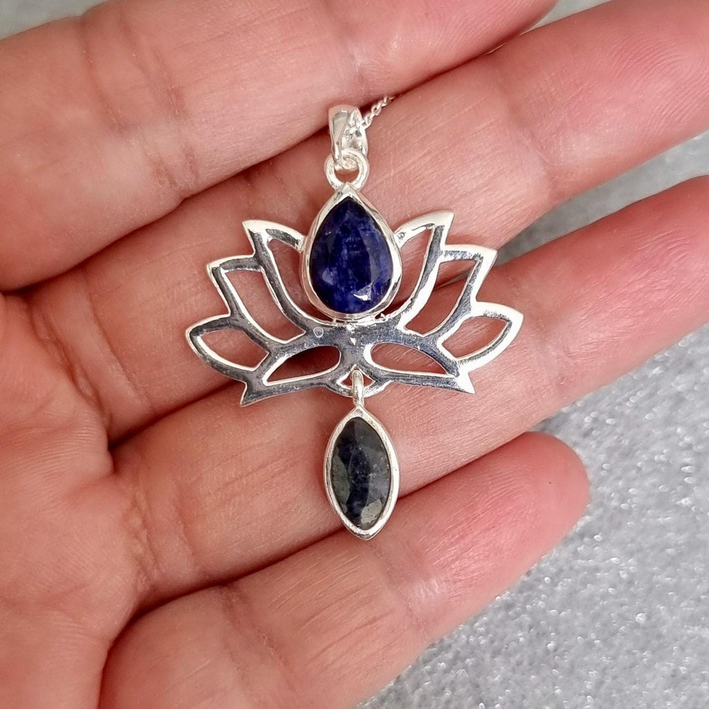 Lotus Flower Sapphire Pendant, 925 Sterling Silver, Blue Gemstone Jewellery, September Birthstone, 5th Anniversary Gift, Mistry Gems, P6S