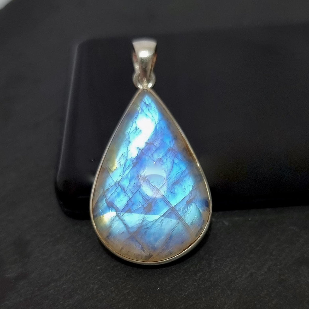 Unisex Large Teardrop Fiery Blue Moonstone 925 Sterling Silver Pendant, MP22