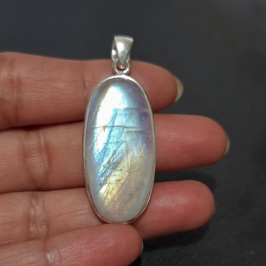 Unisex Large Long Oval Moonstone 925 Sterling Silver Pendant, MP23