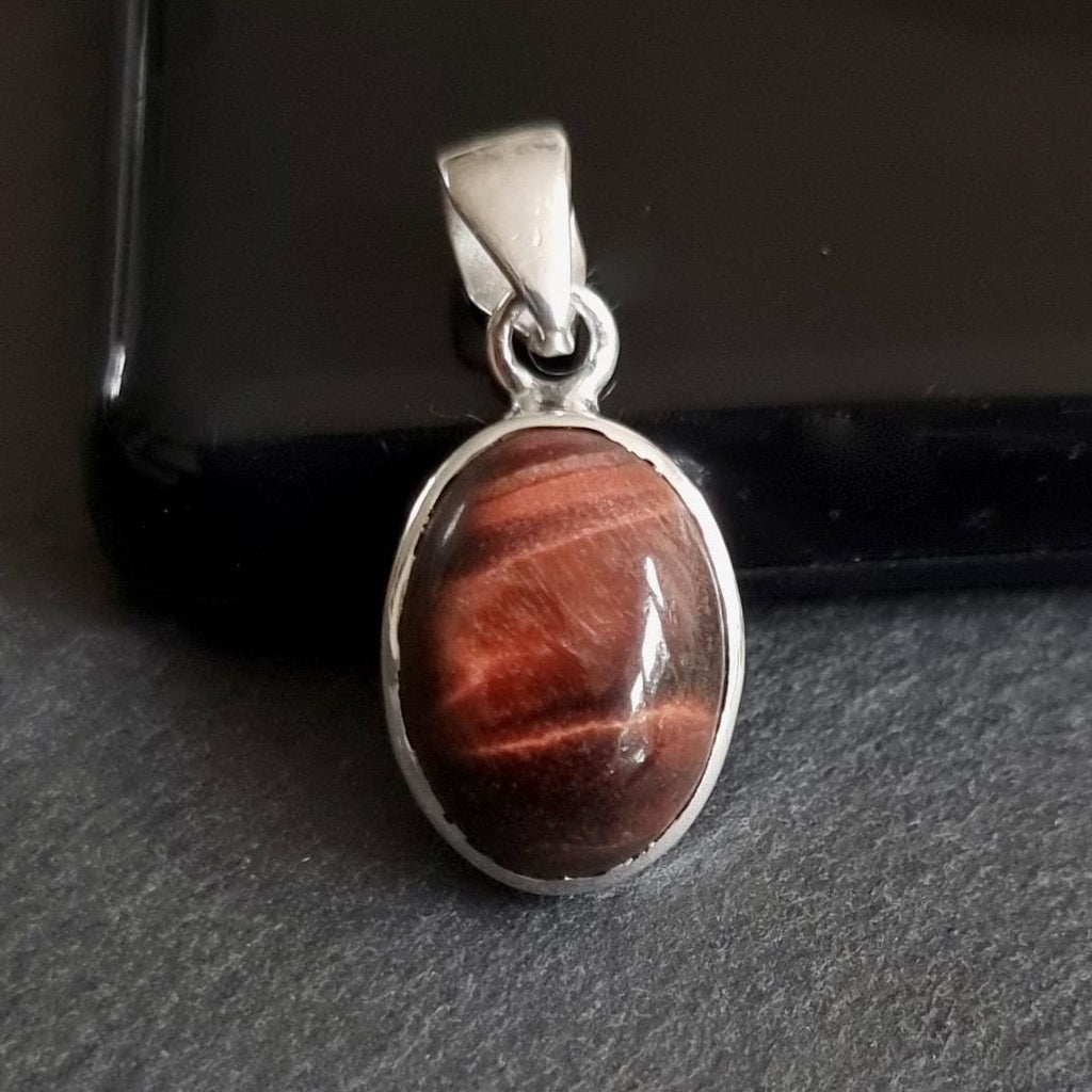 Unisex Small Oval Red Tigers Eye 925 Sterling Silver Pendant, Stone Size 15mm x 12mm, P10RTE