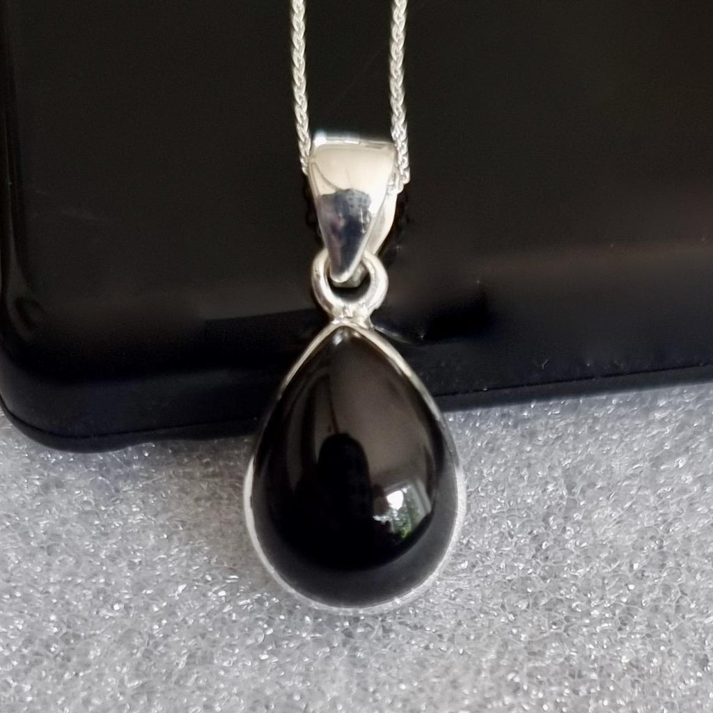 Unisex Small Teardrop Black Onyx 925 Sterling Silver Pendant, Stone Size 16mm x 12mm, P11O