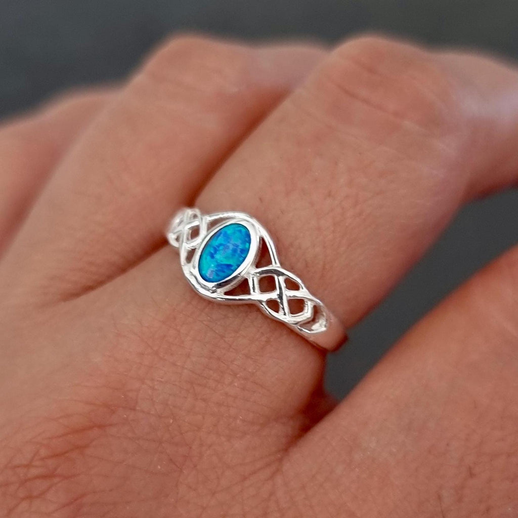 Celtic Knot Blue Opal Ring, 925 Sterling Silver Celtic Ring, October Birthstone, 14th Anniversary Gift, Engagement Ring, Mistry Gems, R33BOP