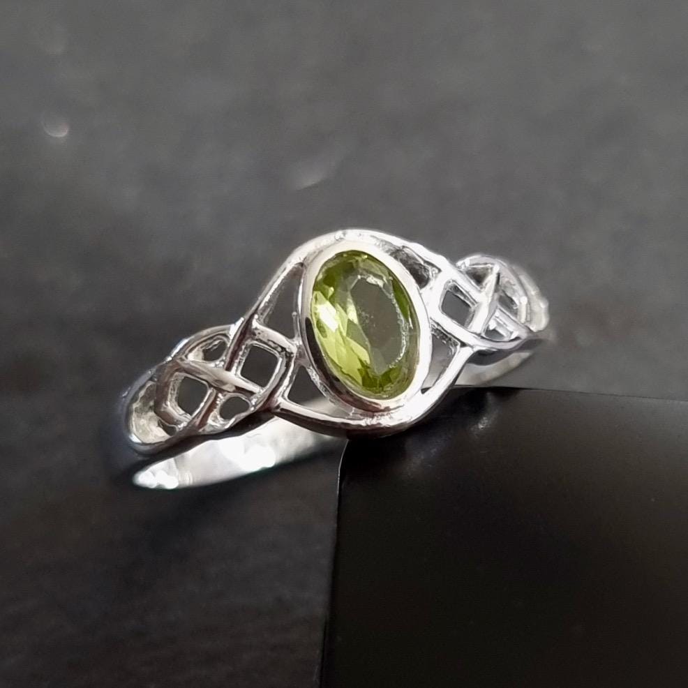 Celtic Sterling Silver Peridot Ring, Celtic Knot Ring, August Birthstone, Celtic Weave Pagan Ring, Boho Green Stone Ring, Mistry Gems, R33P