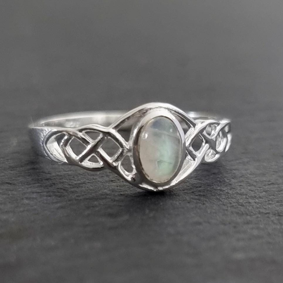 Celtic Knot Rainbow Moonstone Ring, 925 Sterling Silver, June Birthstone, Celtic Weave Ring, Pagan Ring, Wiccan, Boho Ring, Mistry Gems,R33M