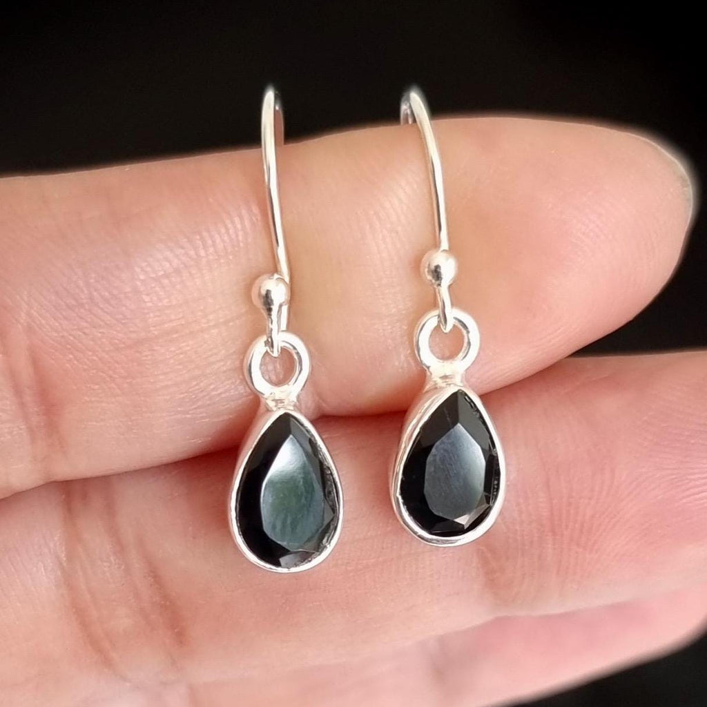 Small Facetted Black Onyx Earrings, Teardrop 9mm x 6mm 925 Silver Dangly Earrings, Black Gemstone Jewelry, 7th Anniversary, Mistry Gems,E5OF