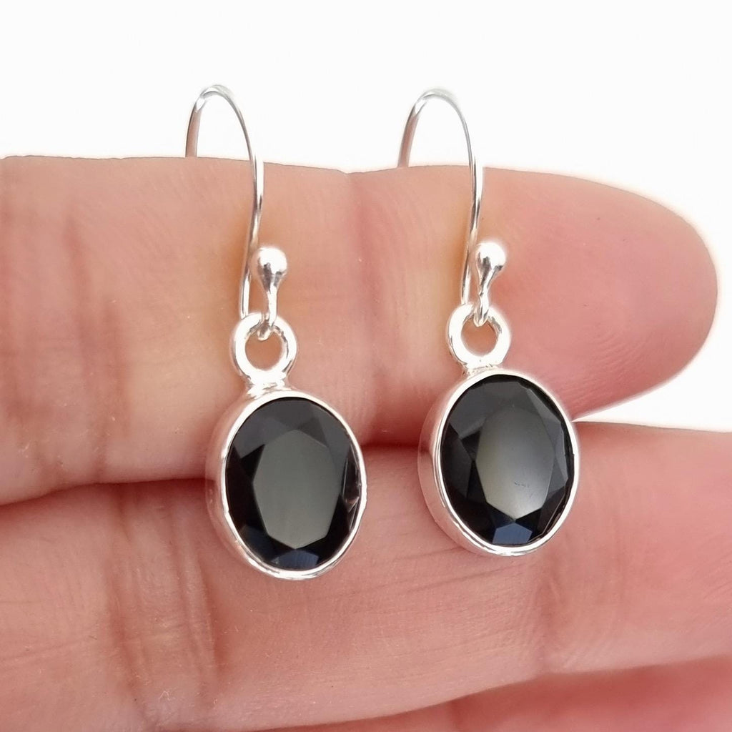 Dainty Oval Facetted Black Onyx Earrings, 925 Sterling Silver, Stone 8mm x 6mm & 10mm x 8mm, 7th Anniversary Gift Ideas, Mistry Gems, E7OF