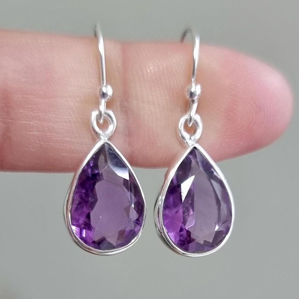 Large Teardrop Facetted Amethyst Earrings, 925 Sterling Silver, Stone 14mm x 10mm, February Birthstone, 6th Anniversary, Mistry Gems, E11AF