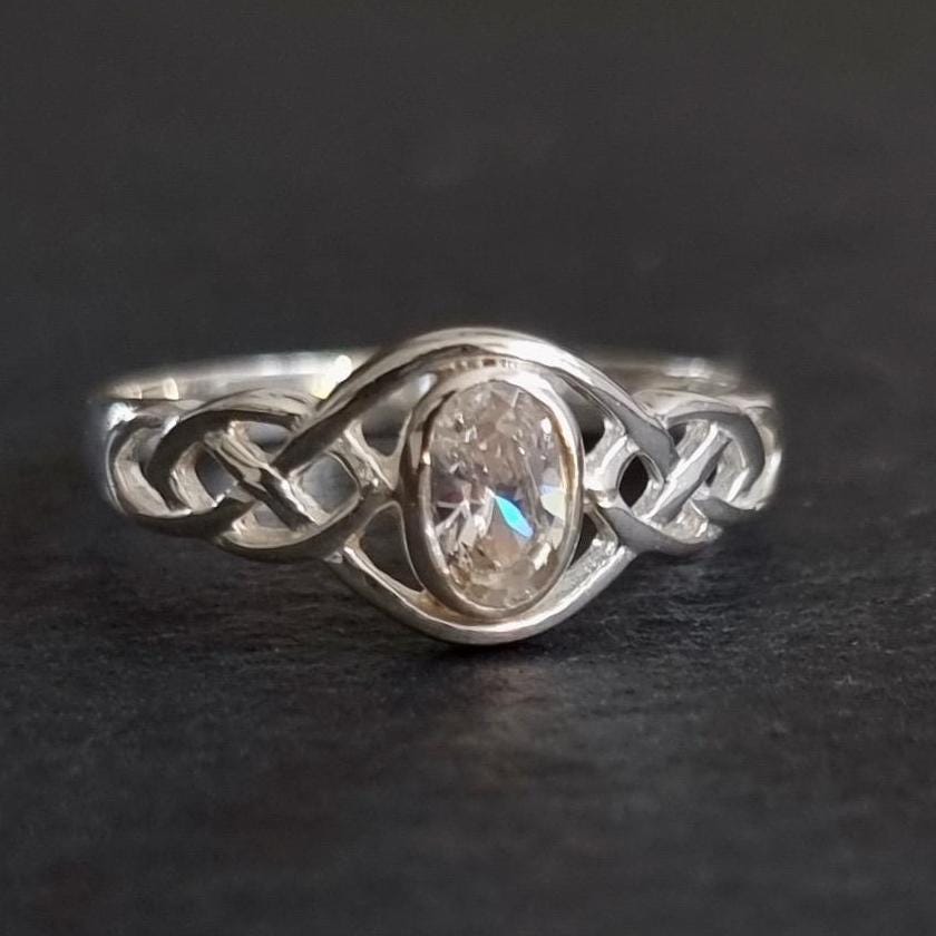 Celtic Knot Cubic Zirconia Ring, 925 Sterling Silver Ring, April Birthstone, Engagement Ring, Pagan Ring, Boho Ring, Mistry Gems, R33CZ