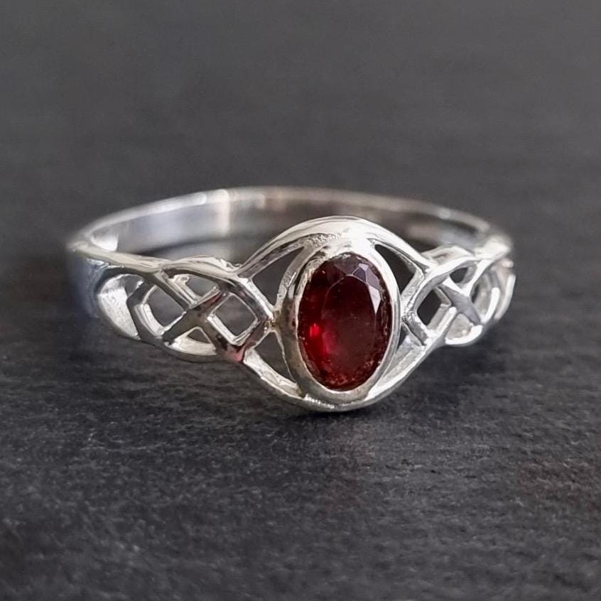 Celtic Knot Facetted Garnet Ring, 925 Sterling Silver, January Birthstone, 2nd Anniversary Gift, Red Engagement Ring, Mistry Gems, R33G