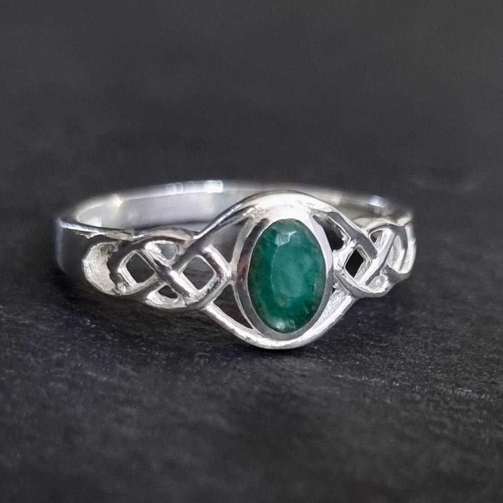 Celtic Knot Facetted Emerald Ring, 925 Sterling Silver, May Birthstone, 20th Anniversary Gift, Green Engagement Ring, Mistry Gems, R33EM