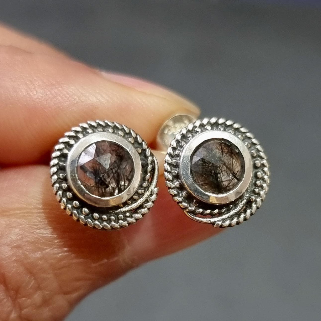 Boho Round 925 Silver Facetted Tourmalinated Quartz Stud Earrings, S18TQZ