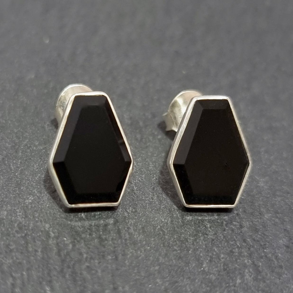 Gothic Coffin Shape Facetted Black Onyx Stud Earrings, S19O